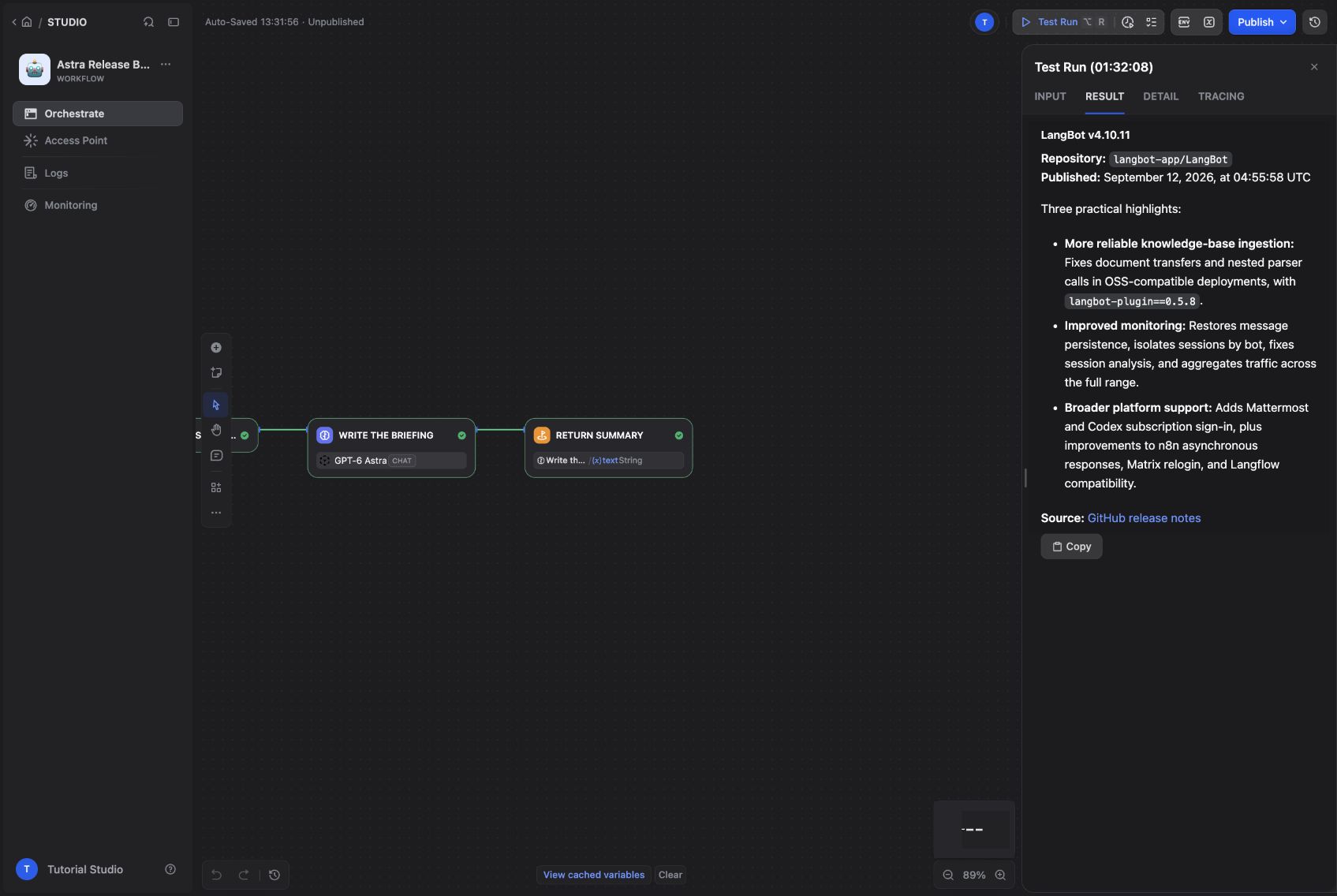 The briefing comes from a live GitHub API request, with a source link.