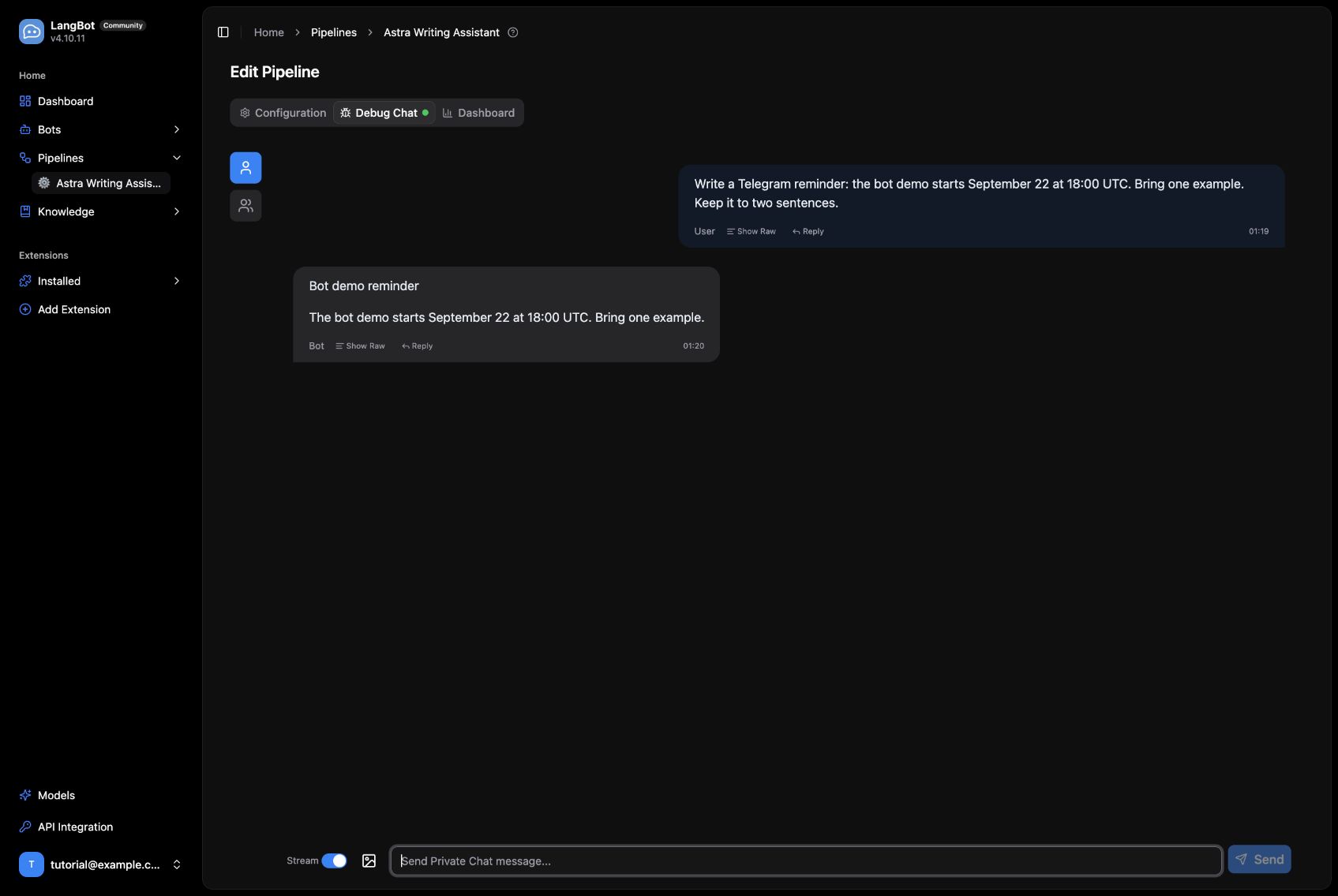 A real response from Dify and Astra, shown in LangBot Debug Chat.