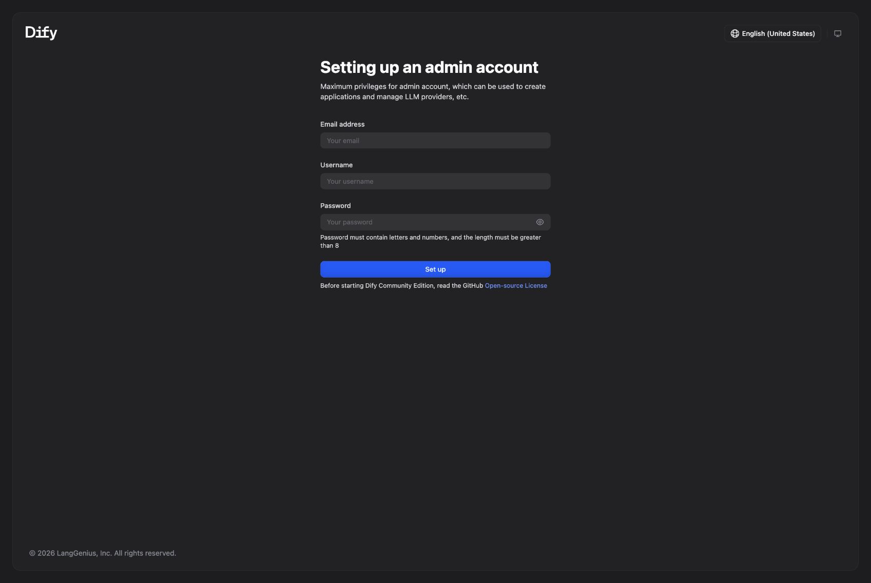 The first-run screen of the local Dify deployment.