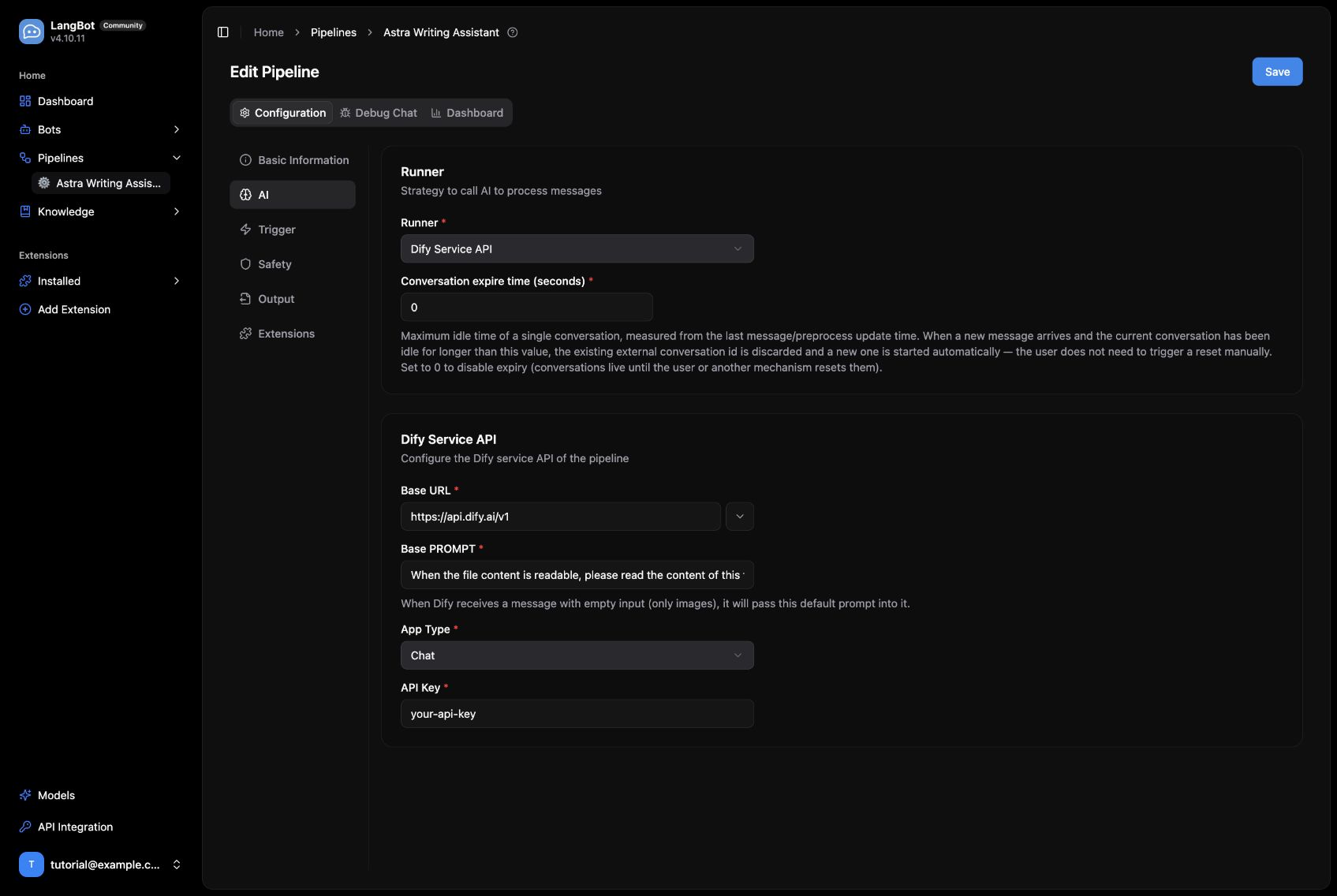 The LangBot pipeline settings, captured before entering the app key.