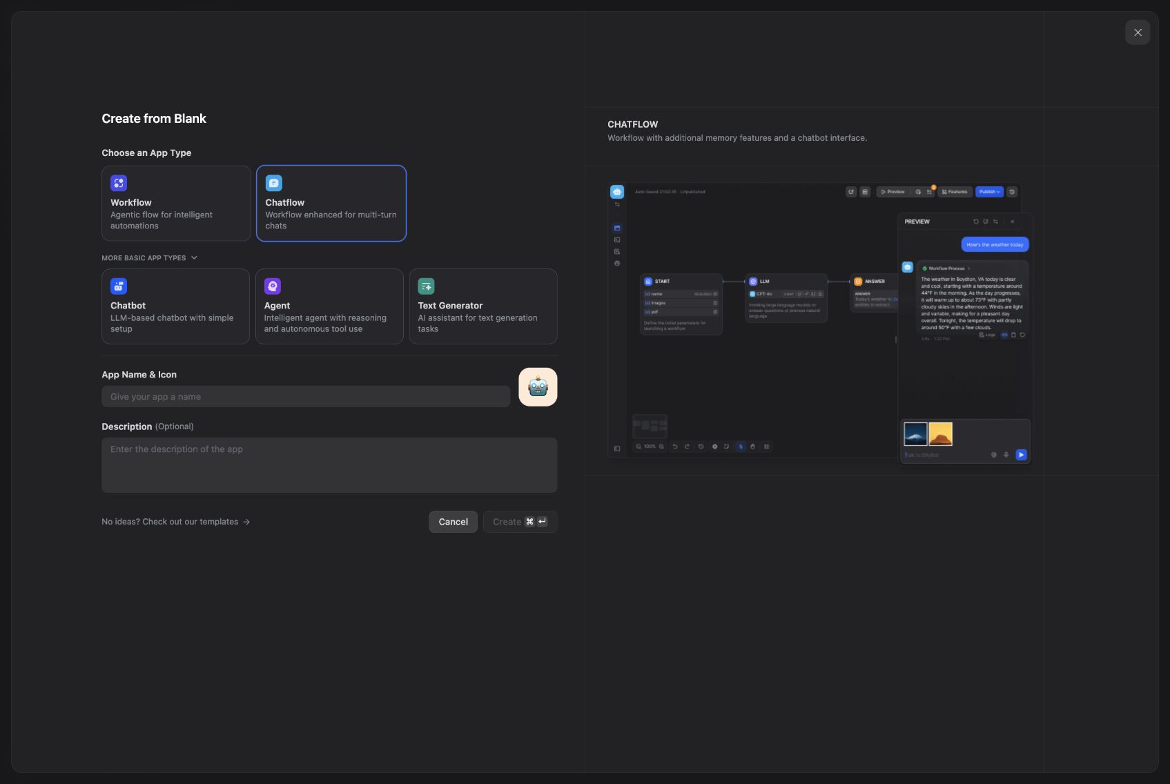 Dify keeps its basic Chatbot option under More basic app types.