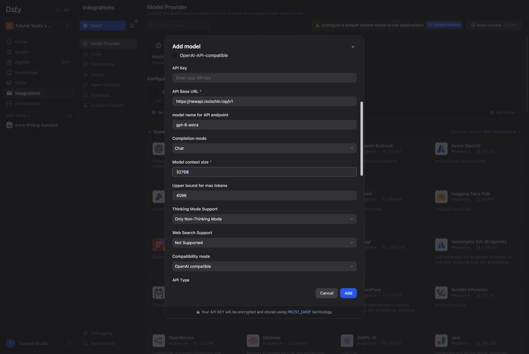 The custom model form, captured before entering the API key.