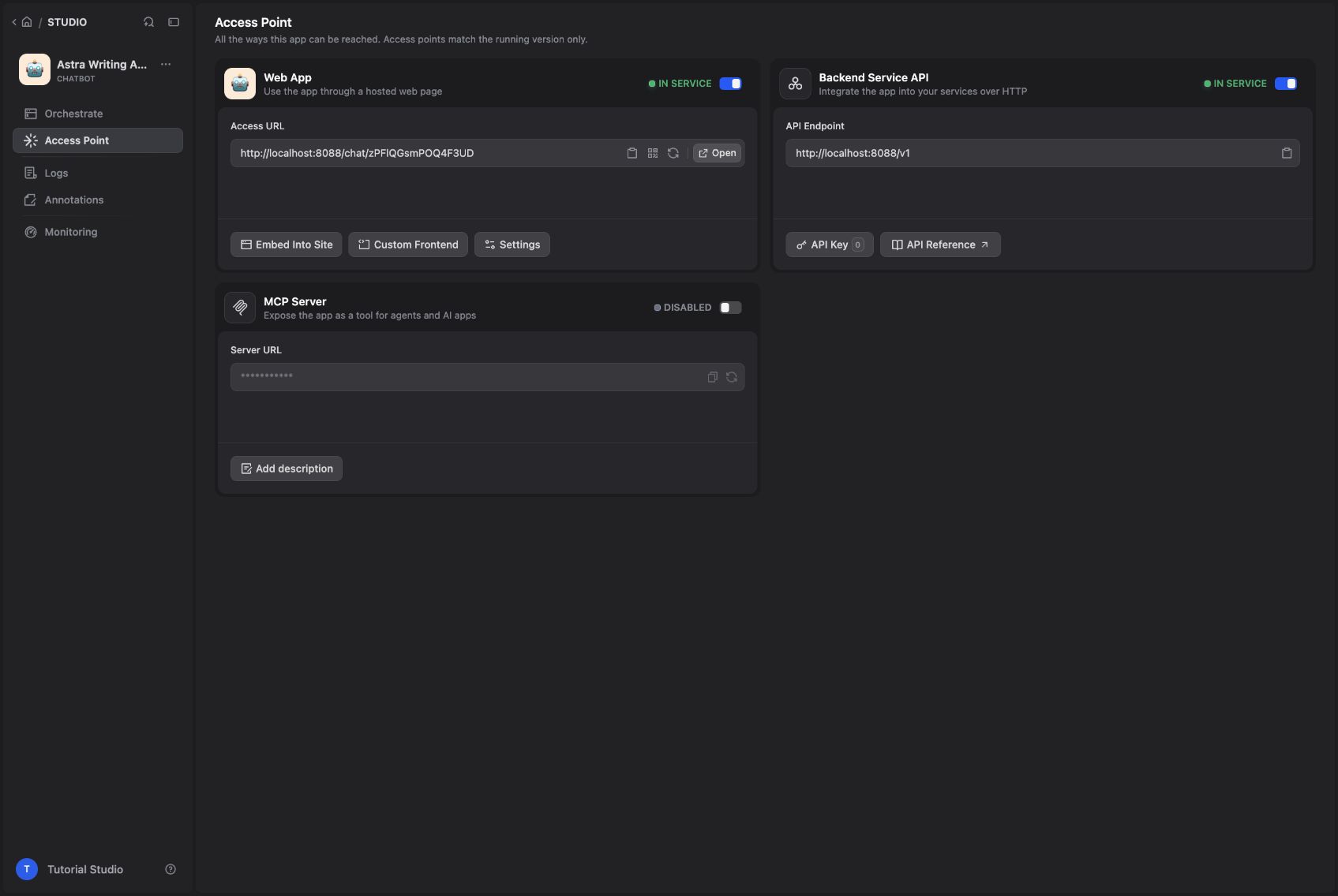The published app exposes a backend API for LangBot.