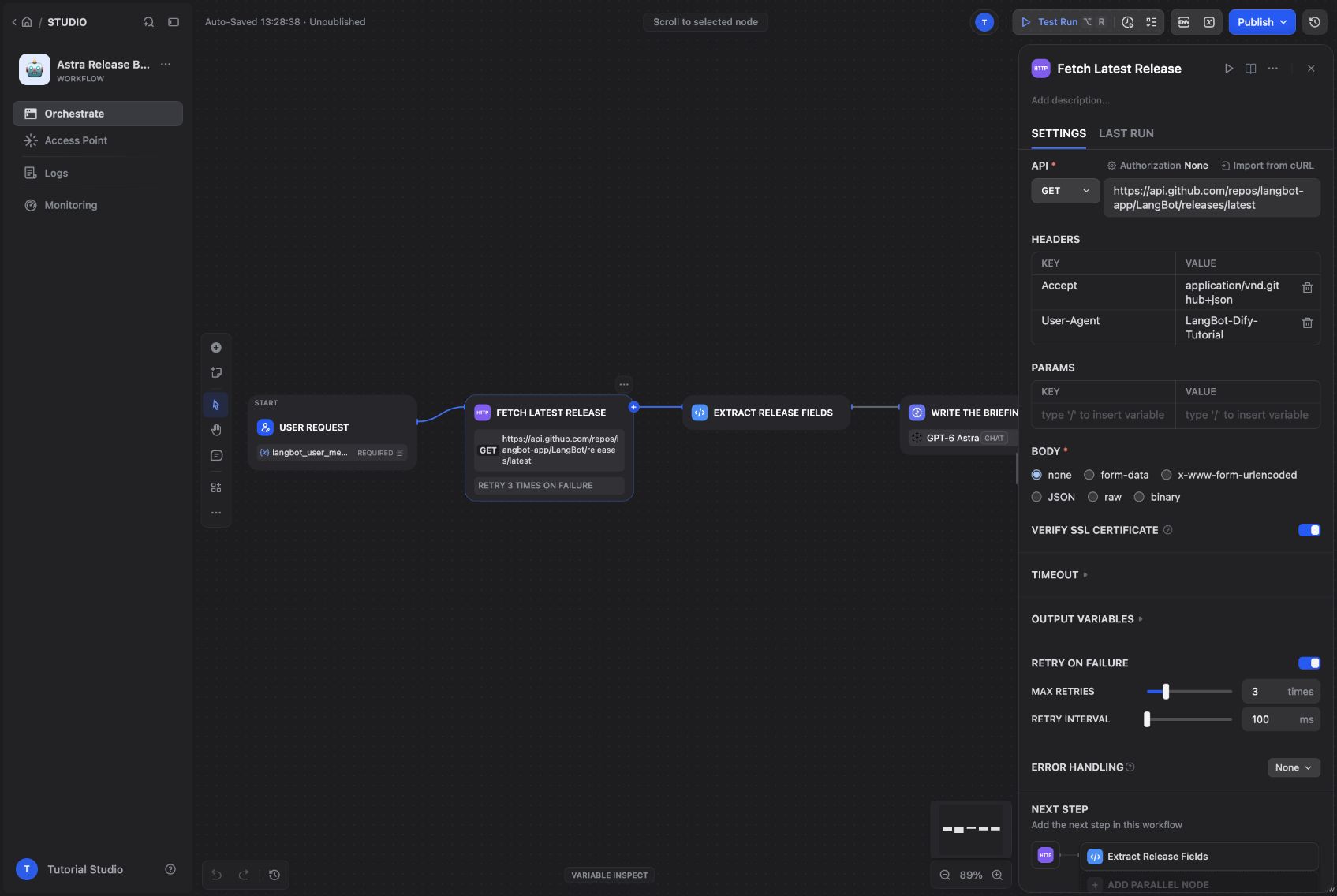 The HTTP node fetches the latest release directly from GitHub.