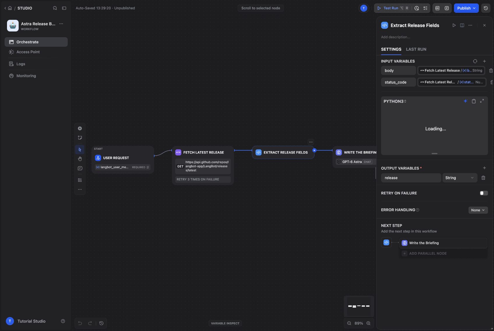 The Code node turns the raw response into a small release record.