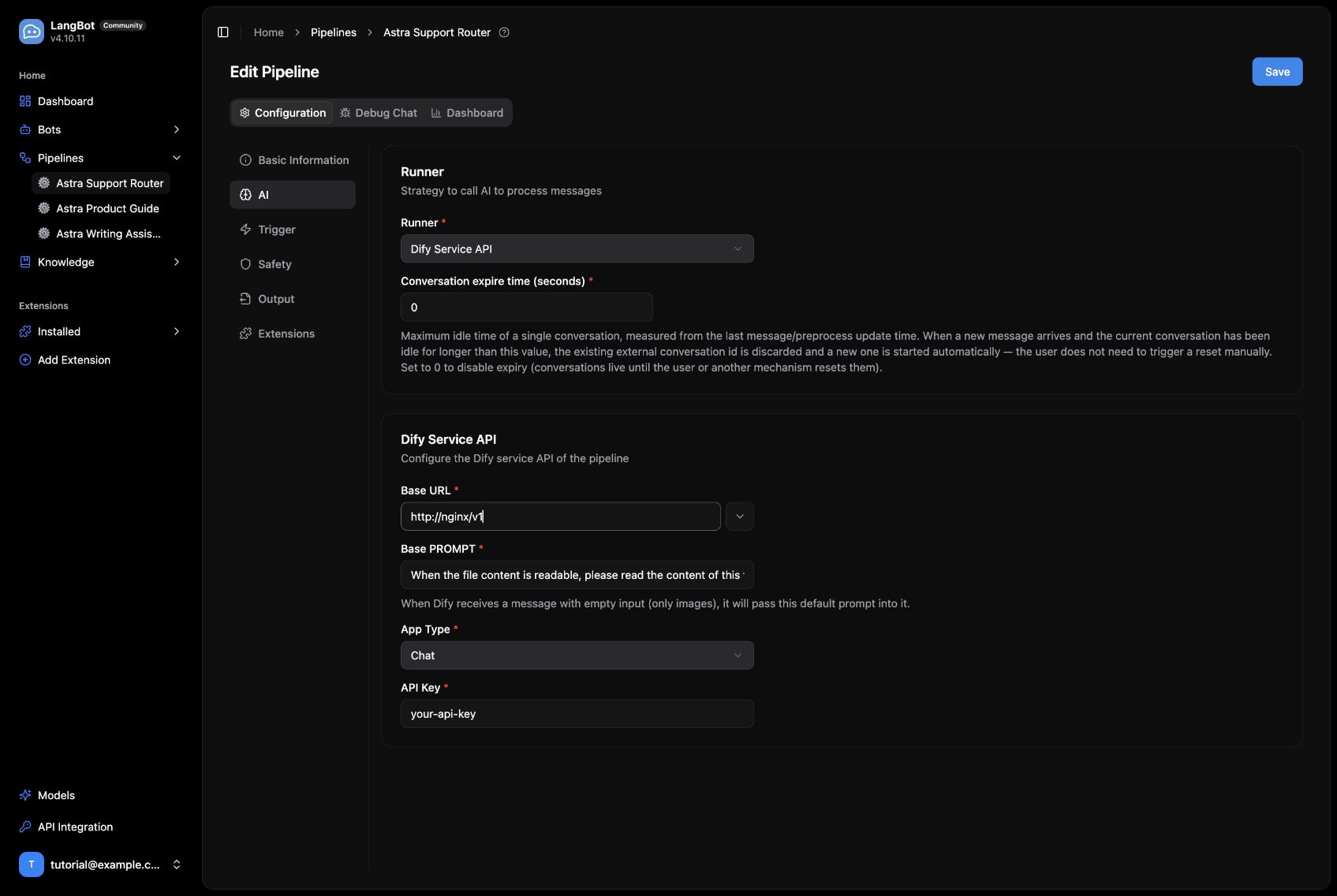 The LangBot pipeline settings, captured before entering the app key.