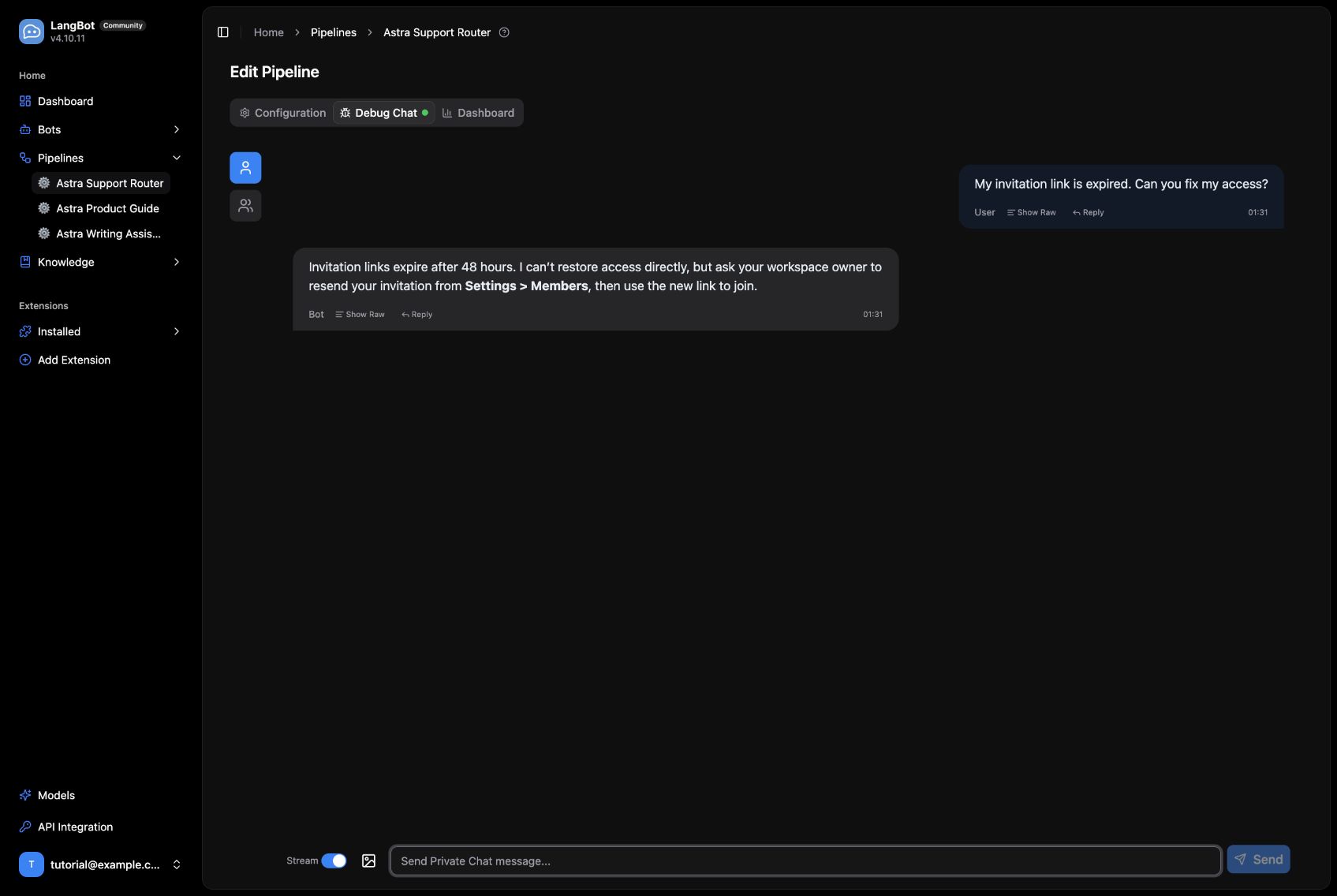 An account-support response returned through LangBot.