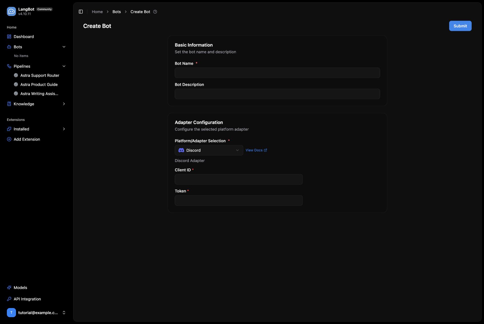 The Discord adapter uses the application Client ID and bot token.