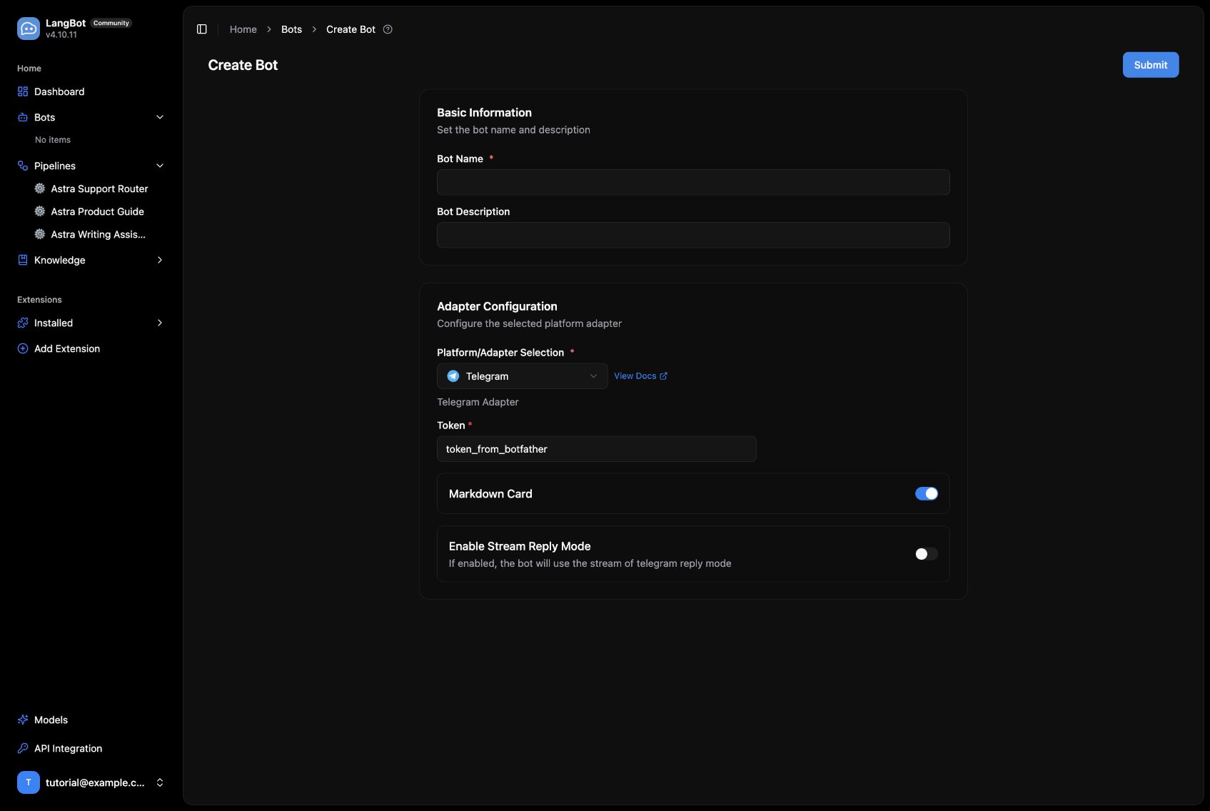 The Telegram adapter uses a BotFather token and exposes reply options.