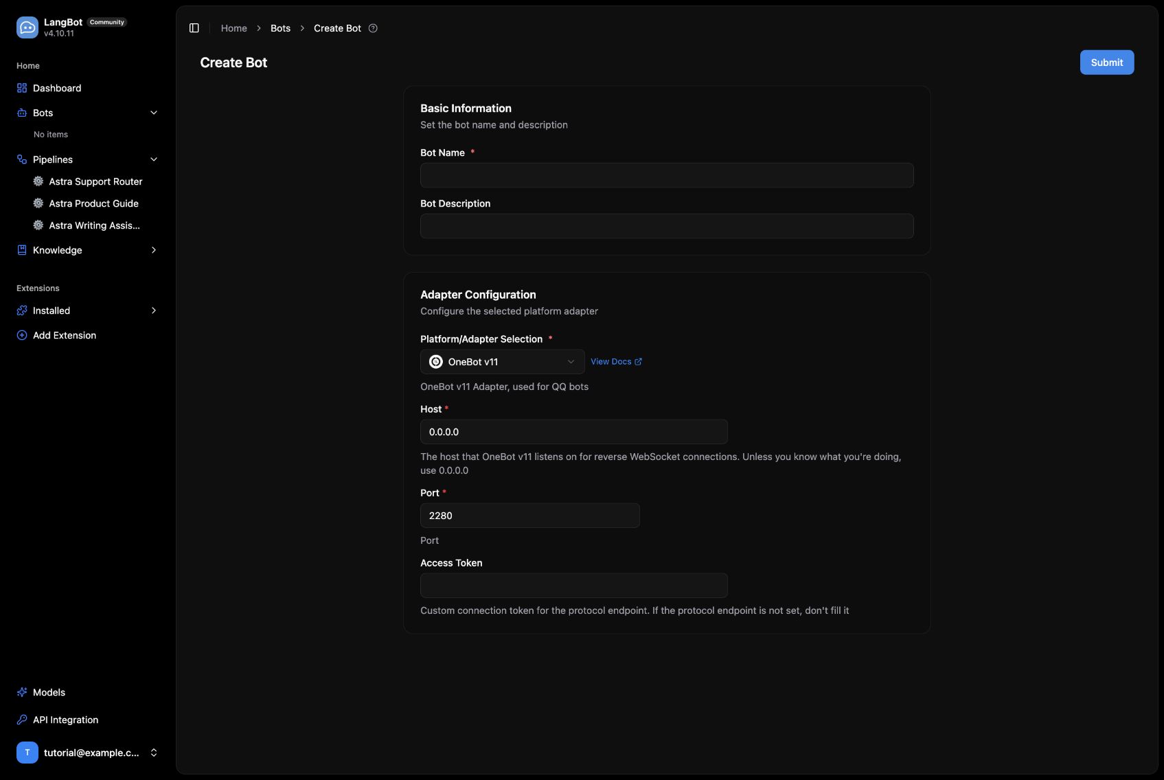 QQ 的 OneBot v11 方案需要反向 WebSocket 监听地址和端口。