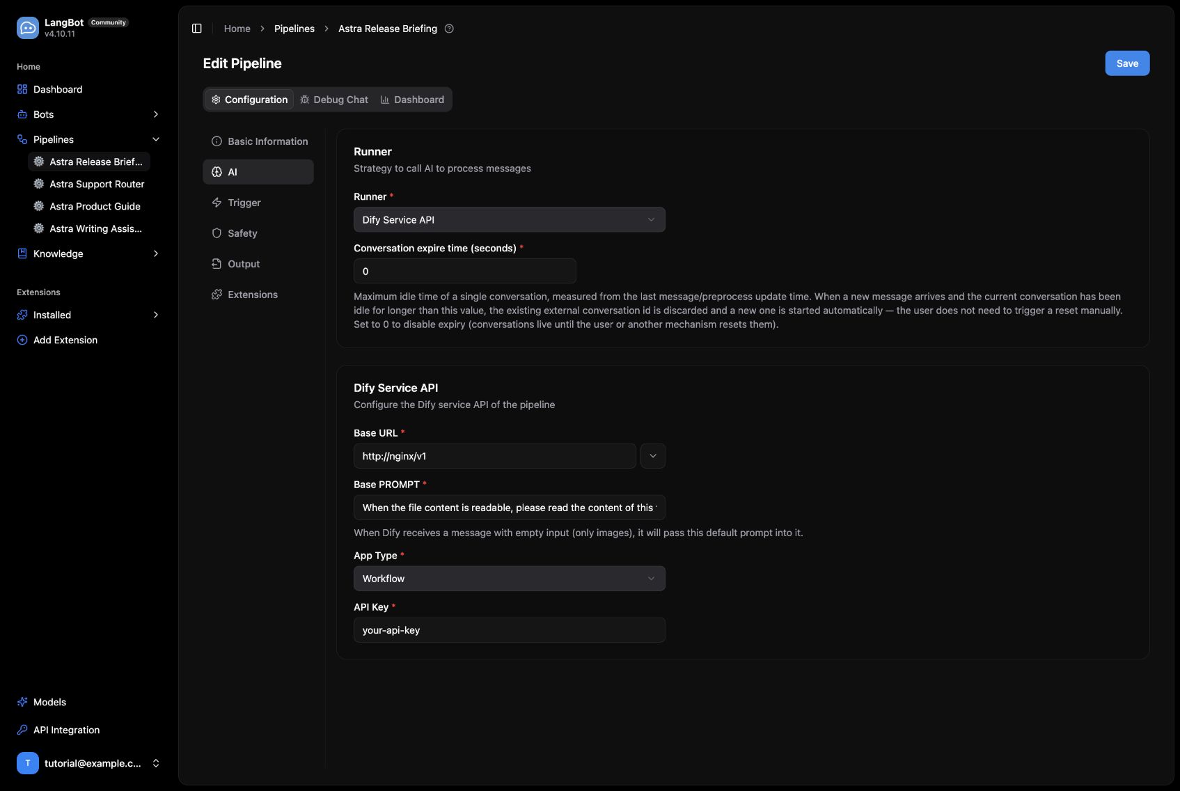 The LangBot pipeline settings, captured before entering the app key.