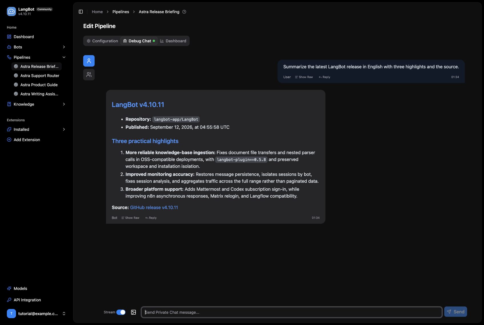 The workflow summary returned through LangBot.